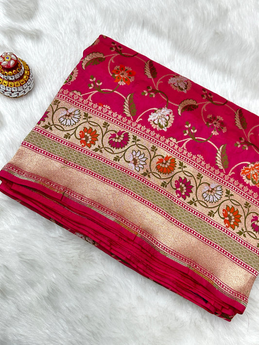 Hot Pink Pure Banarasi Katan Silk Saree - Floral Minakari Jaal with Rich Zari Border