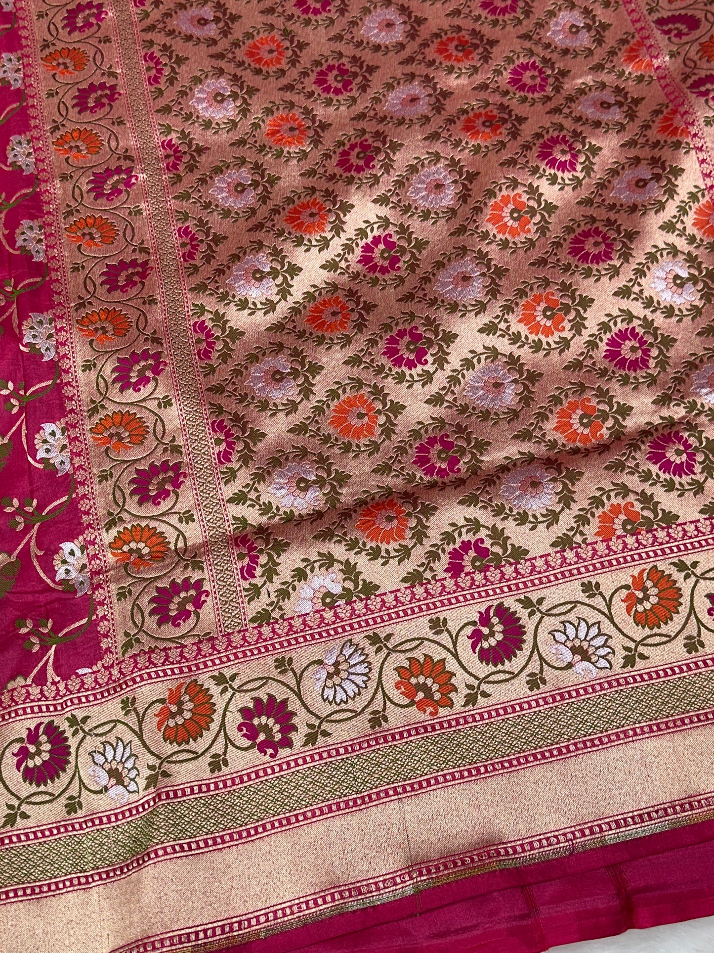 Hot Pink Pure Banarasi Katan Silk Saree - Floral Minakari Jaal with Rich Zari Border