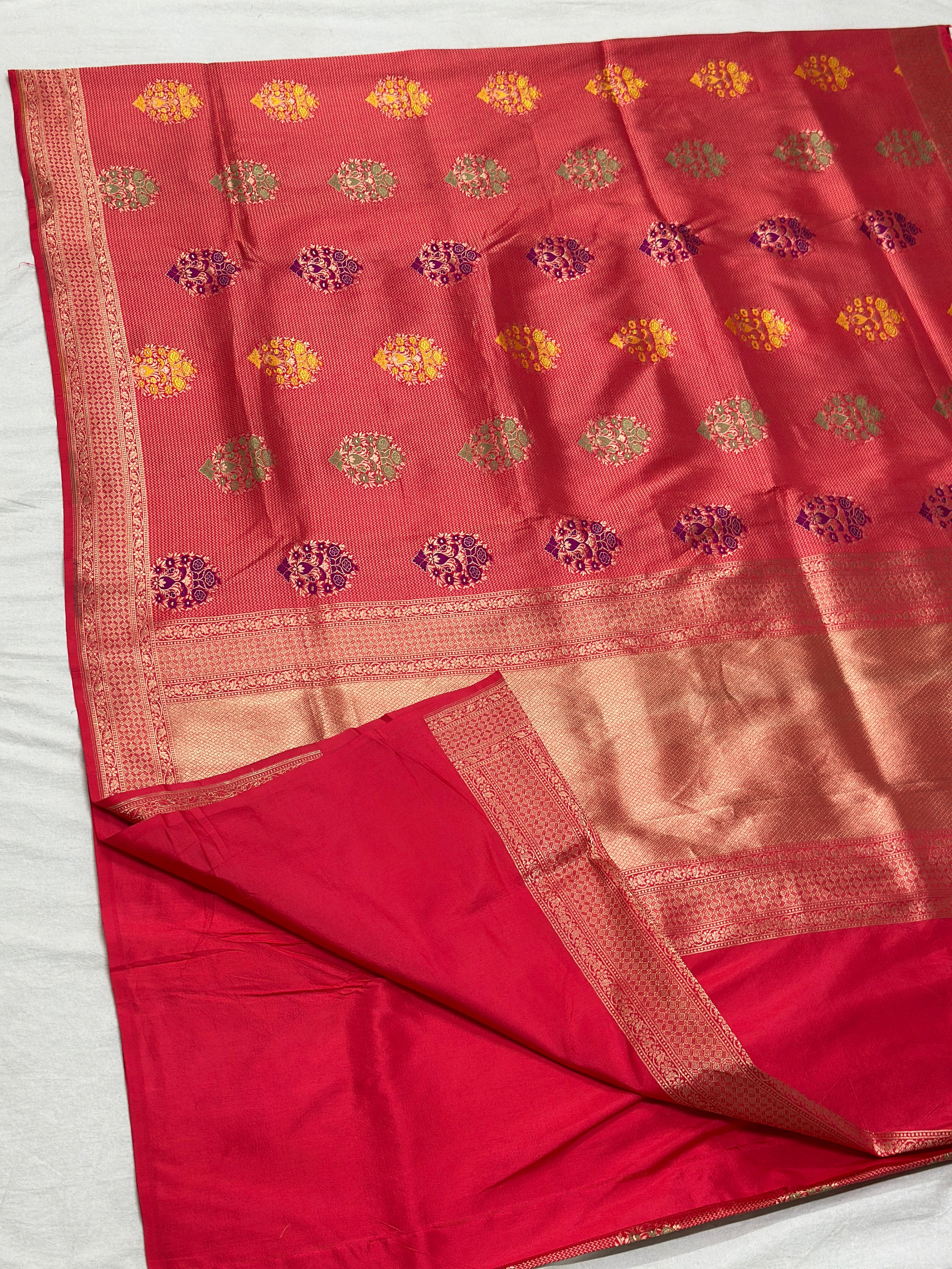 Red Minakari pure katan brocade weaving saree