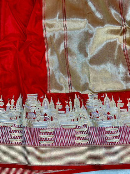 Deep Red Pure Banarasi Katan Silk Saree - Ghat Motiff with Rich Zari Weaving