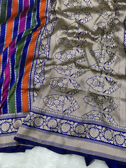 Royal Blue Pure Banarasi Katan Silk Saree - Stripe Multicolour Design with Rich Zari Weaving