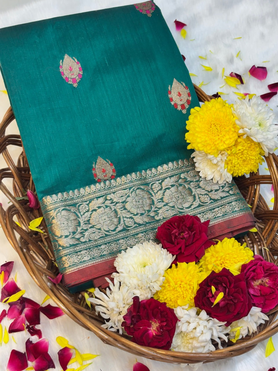 Teal Green Banarasi Pure Cotton Saree