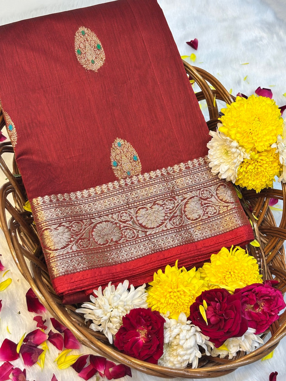 Brick Red Banarasi Pure Cotton Saree