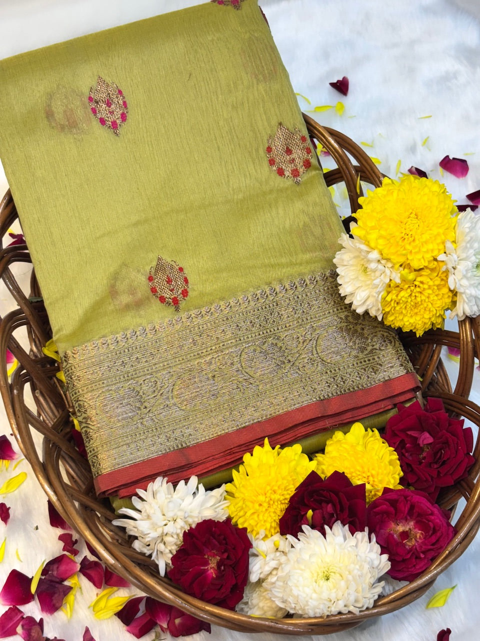 Olive Gold Banarasi Pure Cotton Silk Saree