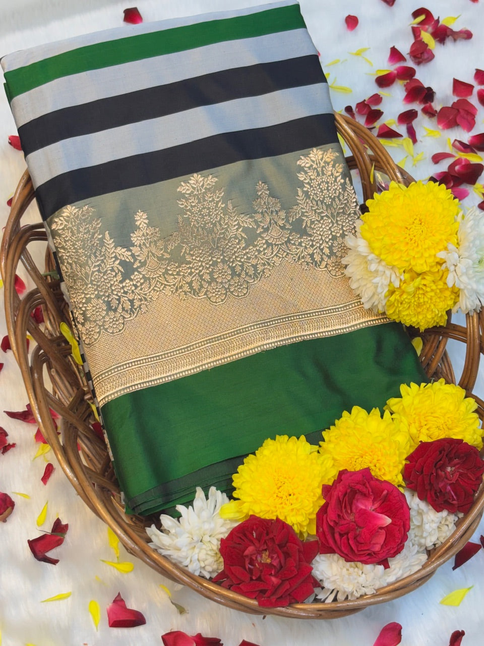 White With Green Check Pure Mashru Silk Buti Handwoven Banarasi Saree