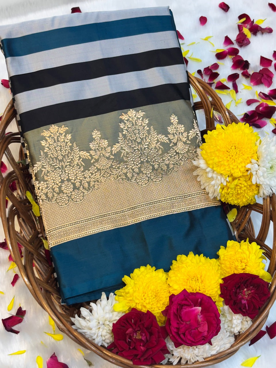 Teal Blue Pure Mashru Silk Handwoven Banarasi Saree