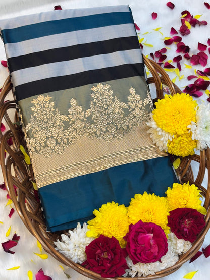 Teal Blue Pure Mashru Silk Handwoven Banarasi Saree
