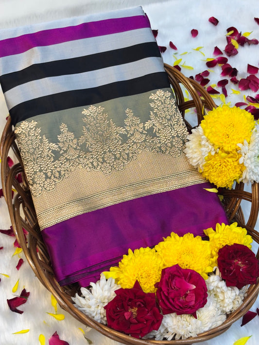 Royal Purple Checks Pure Mashru Silk Handwoven Banarasi Saree