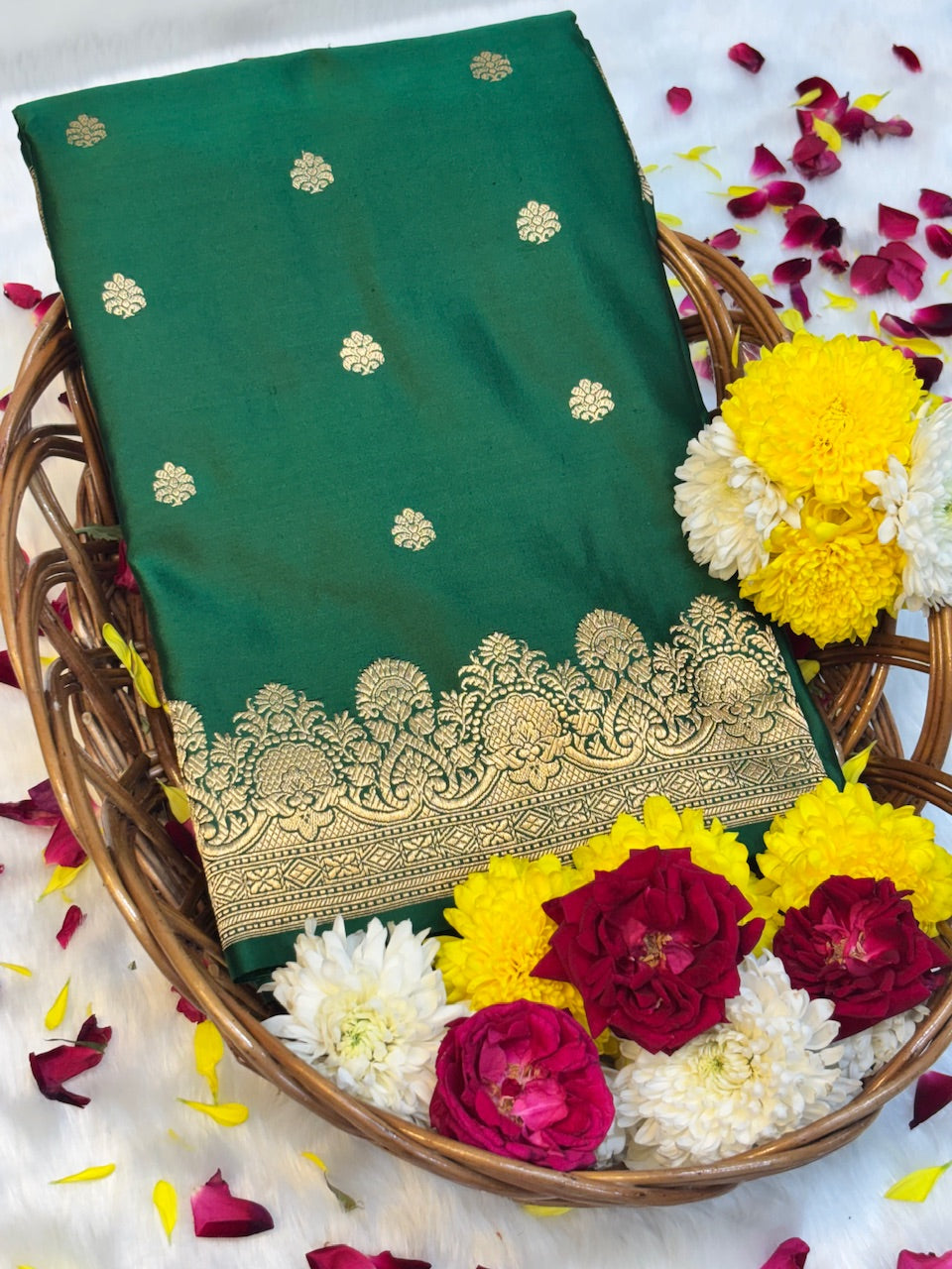 Bottle Green Pure Mashru Silk With Minakari Buti Handwoven Banarasi Saree