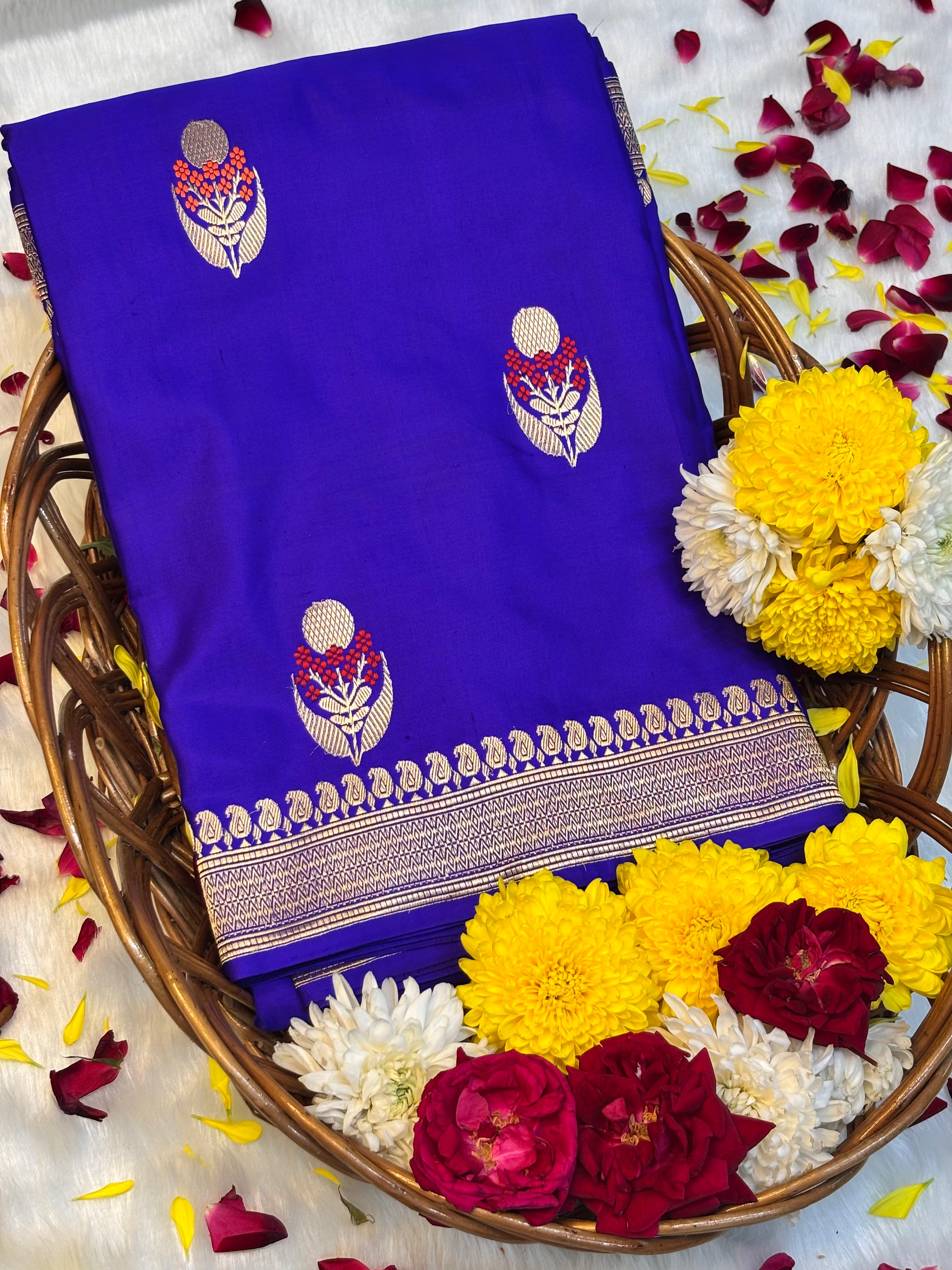 Royal Blue Pure Mashru Silk With Minakari Buti Handwoven Banarasi Saree