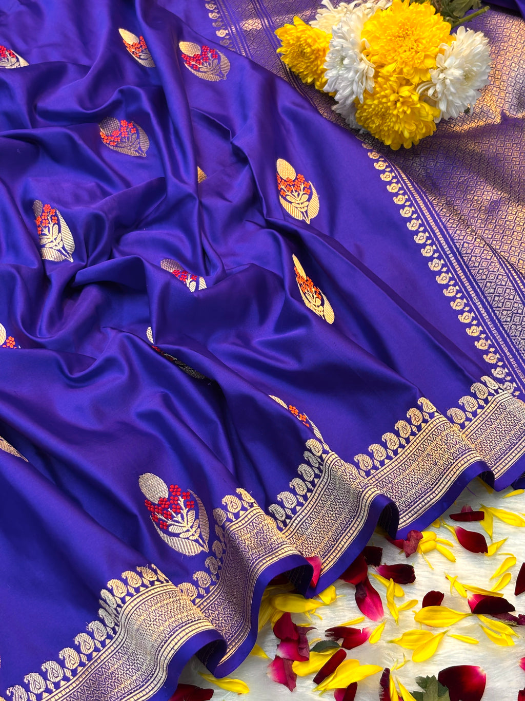 Royal Blue Pure Mashru Silk With Minakari Buti Handwoven Banarasi Saree