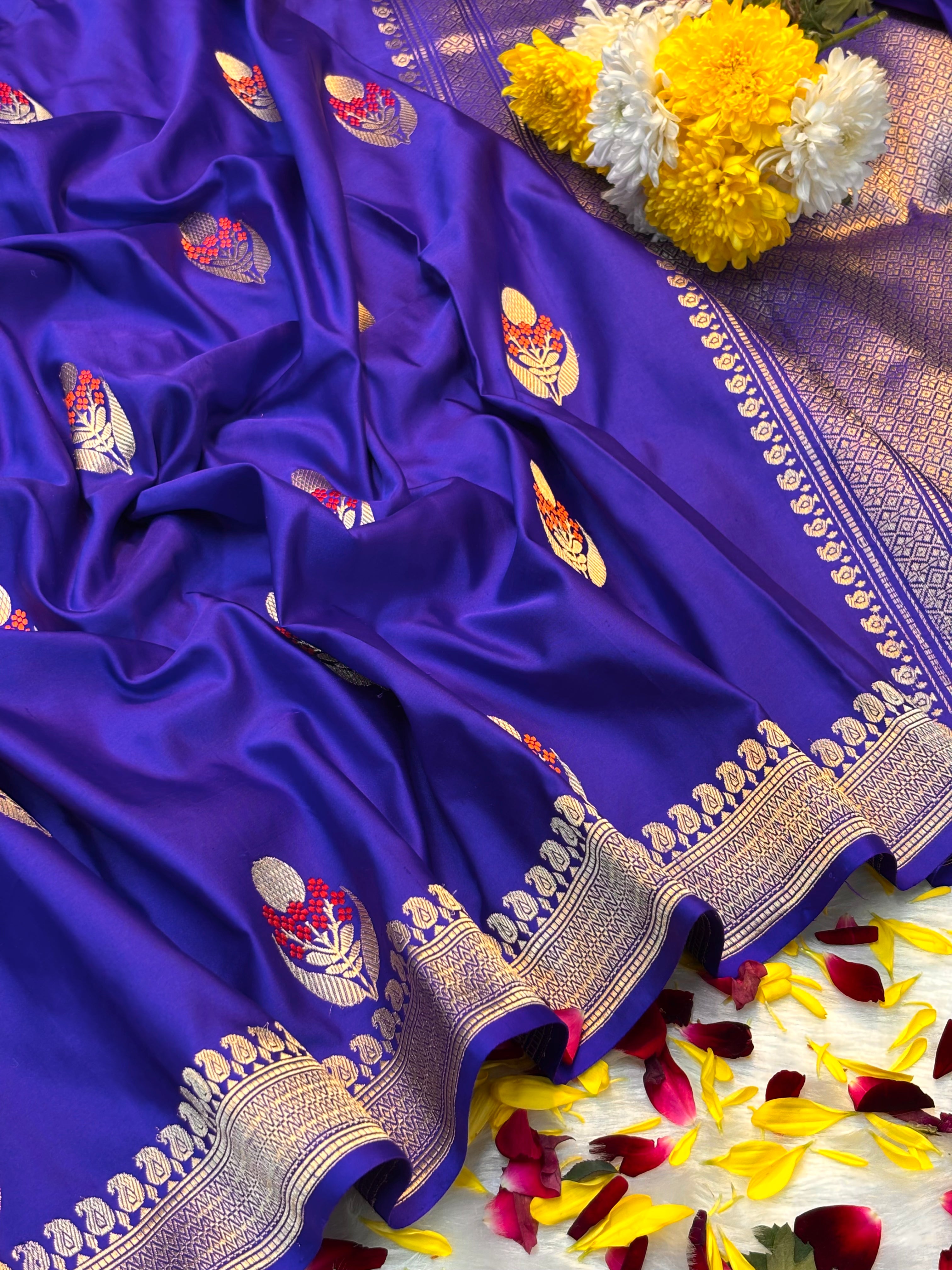 Royal Blue Pure Mashru Silk With Minakari Buti Handwoven Banarasi Saree