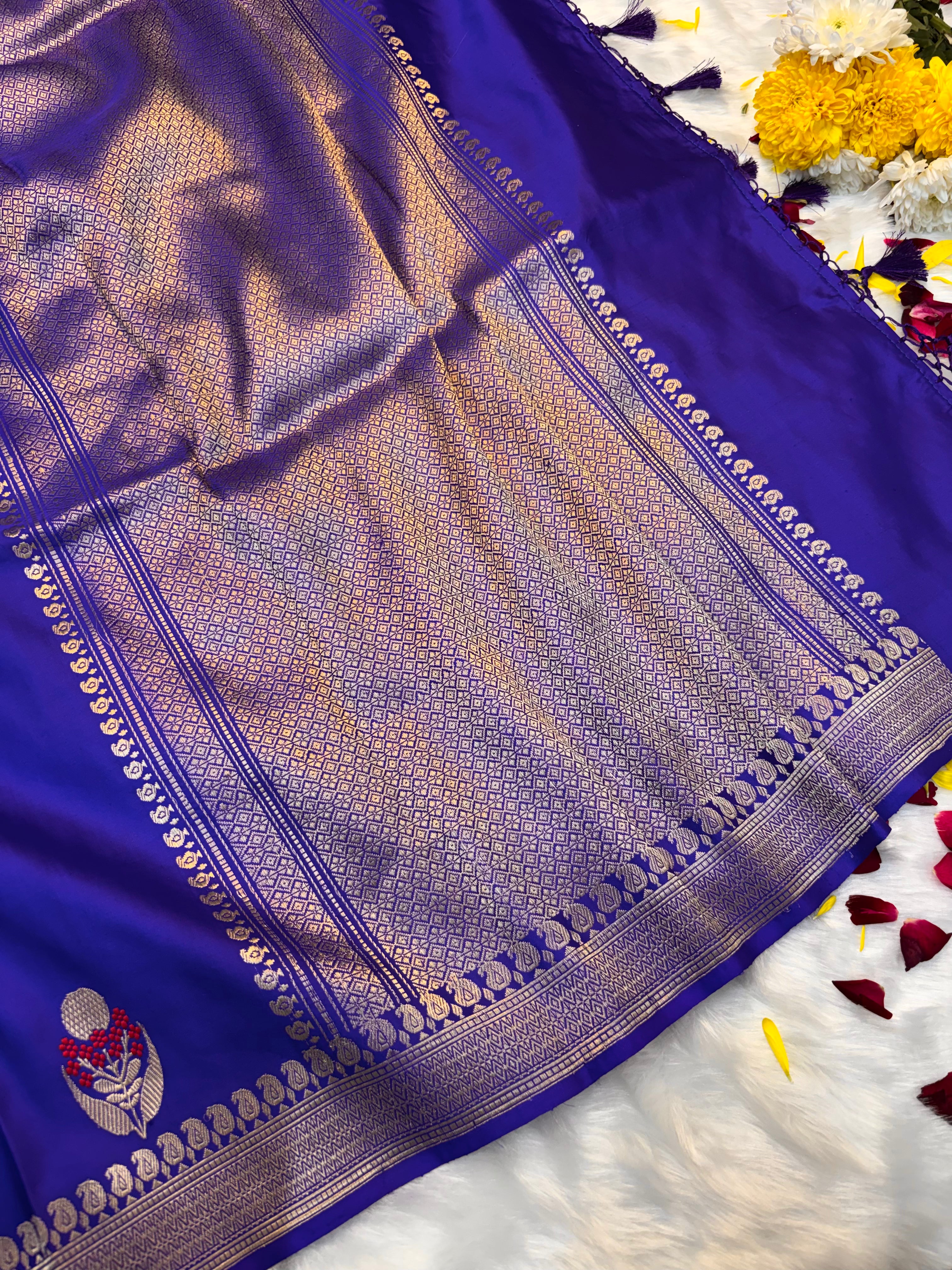 Royal Blue Pure Mashru Silk With Minakari Buti Handwoven Banarasi Saree
