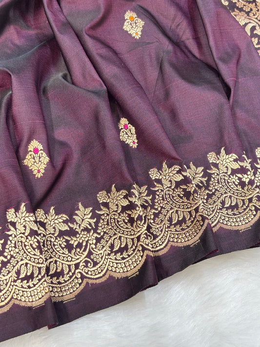Wine Pure Mashru Silk Handwoven Banarasi Saree