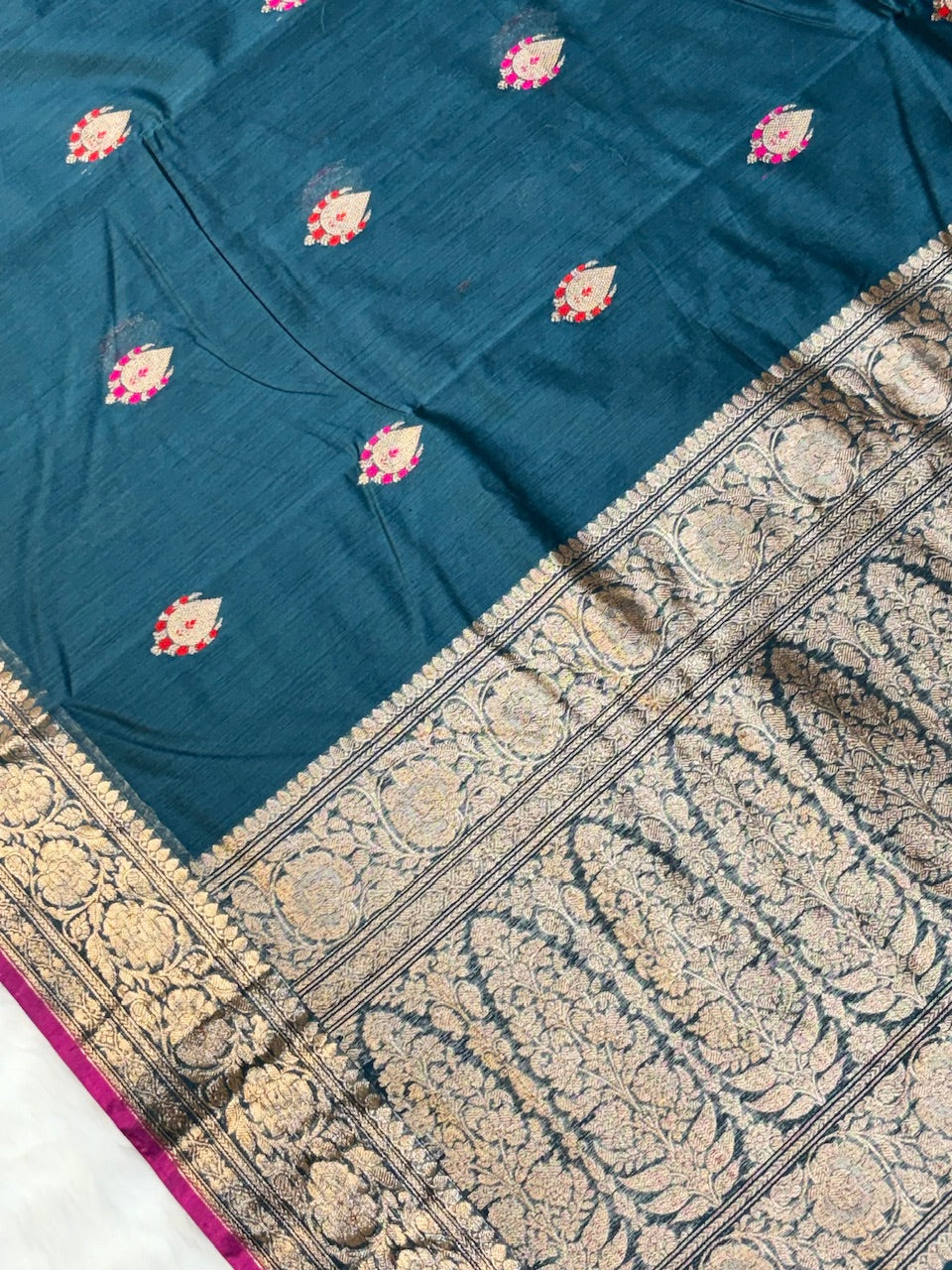 Teal Green Banarasi Pure Cotton Silk Saree