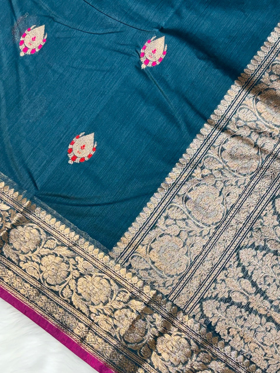Teal Green Banarasi Pure Cotton Silk Saree