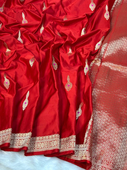Red Pure Mashru Silk Handwoven Banarasi Saree