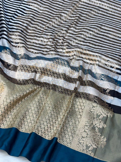 Teal Blue Pure Mashru Silk Handwoven Banarasi Saree