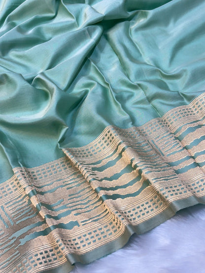 Sea Blue Pure Tanchoi  Silk Buti Handwoven Banarasi Saree