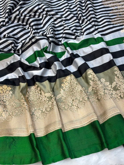 White With Green Check Pure Mashru Silk Buti Handwoven Banarasi Saree