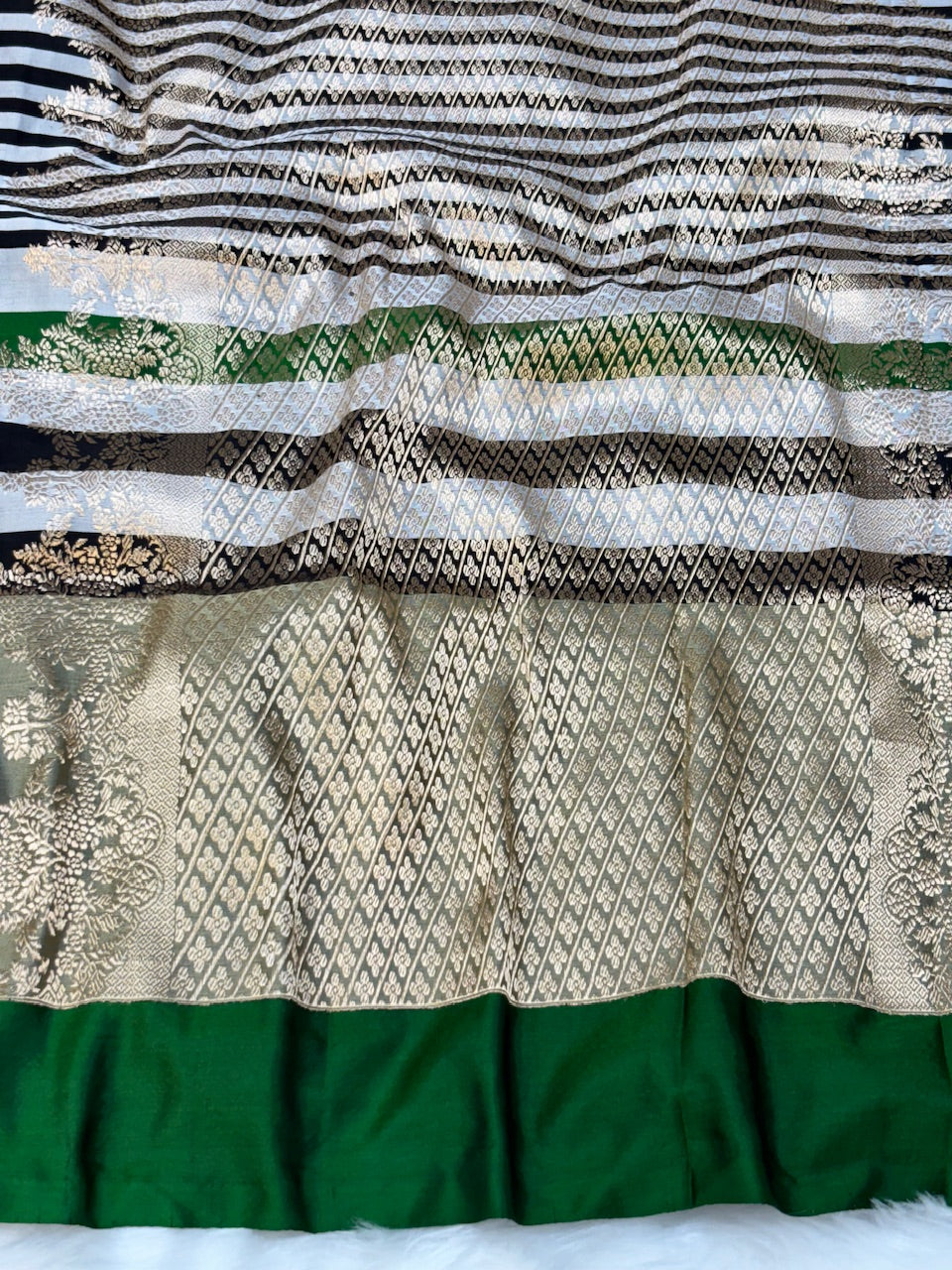 White With Green Check Pure Mashru Silk Buti Handwoven Banarasi Saree