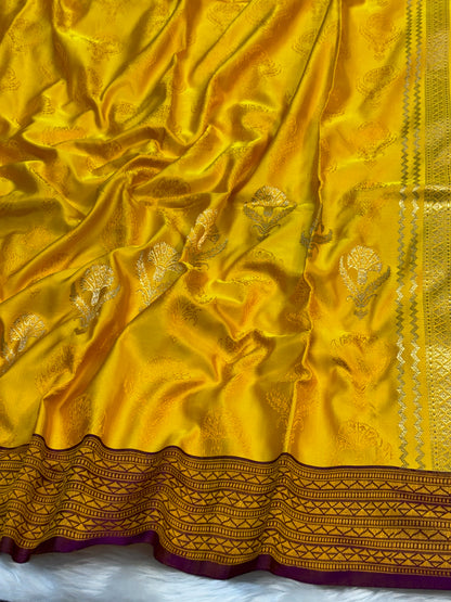 Pure Banarasi Tanchui Handwoven Silk Saree –  Yellow Elegance