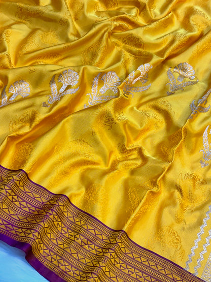Pure Banarasi Tanchui Handwoven Silk Saree –  Yellow Elegance