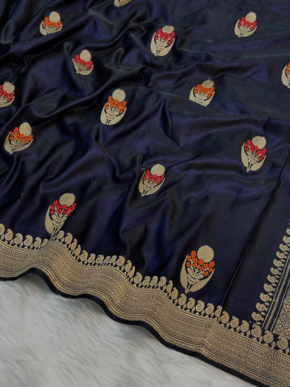 Pure Mashru Handwoven Silk Saree – Midnight Blue Elegance