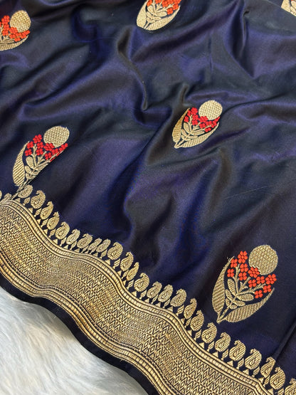 Pure Mashru Handwoven Silk Saree – Midnight Blue Elegance