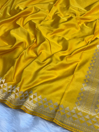 Pure Mashru Handwoven Silk Saree – Yellow Elegance