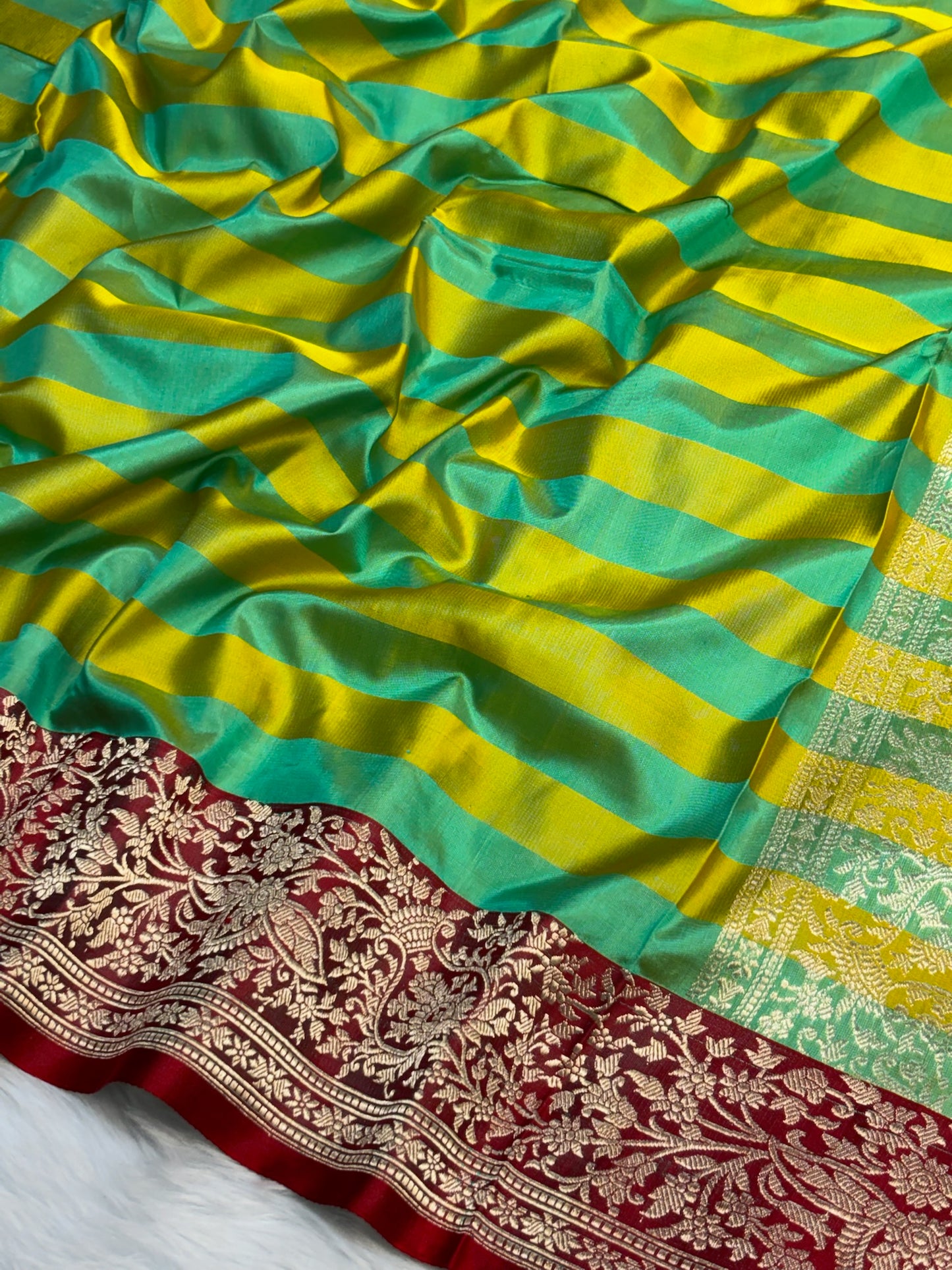 Pure Mashru Handwoven Silk Saree – Sea Green With Yellow  Elegance