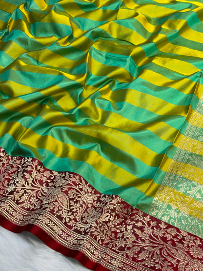 Pure Mashru Handwoven Silk Saree – Sea Green With Yellow  Elegance