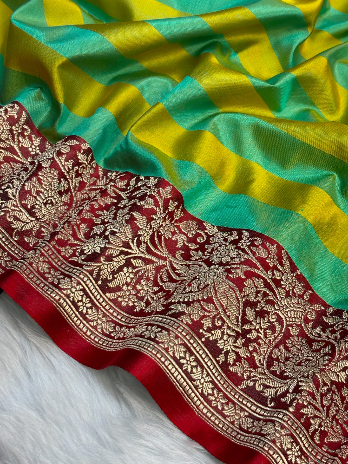 Pure Mashru Handwoven Silk Saree – Sea Green With Yellow  Elegance