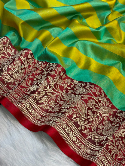 Pure Mashru Handwoven Silk Saree – Sea Green With Yellow  Elegance