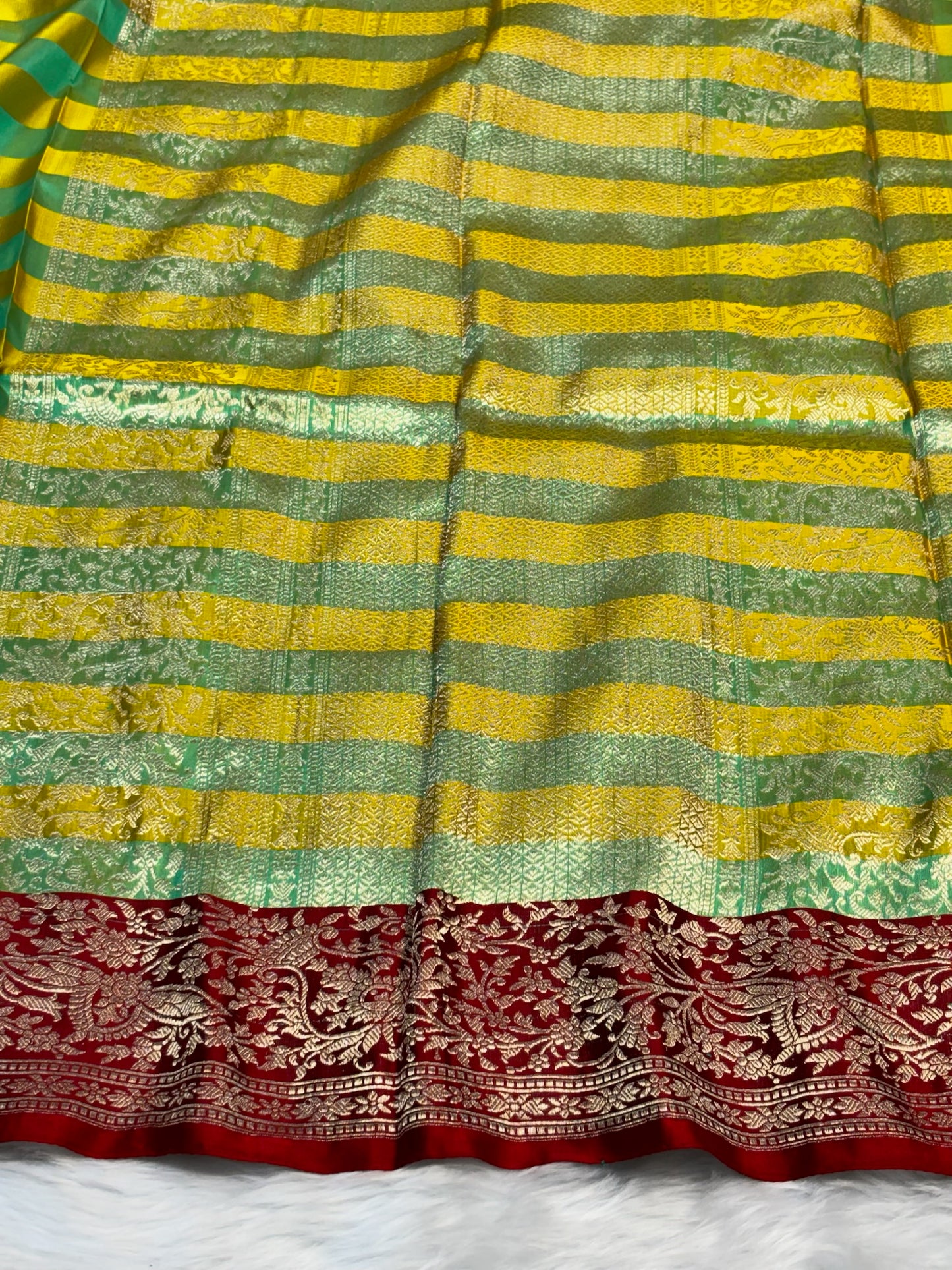 Pure Mashru Handwoven Silk Saree – Sea Green With Yellow  Elegance