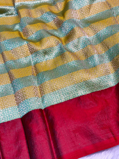 Pure Mashru Handwoven Silk Saree – Sea Green With Yellow  Elegance