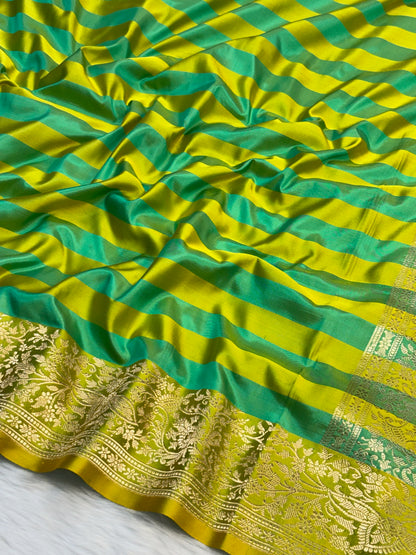 Pure Mashru Handwoven Silk Saree –  Sea Green With Yellow Stripe Elegance