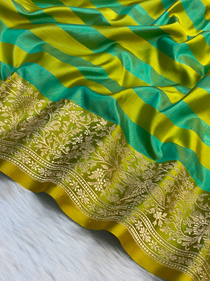 Pure Mashru Handwoven Silk Saree –  Sea Green With Yellow Stripe Elegance