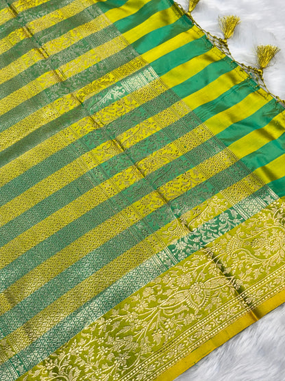 Pure Mashru Handwoven Silk Saree –  Sea Green With Yellow Stripe Elegance