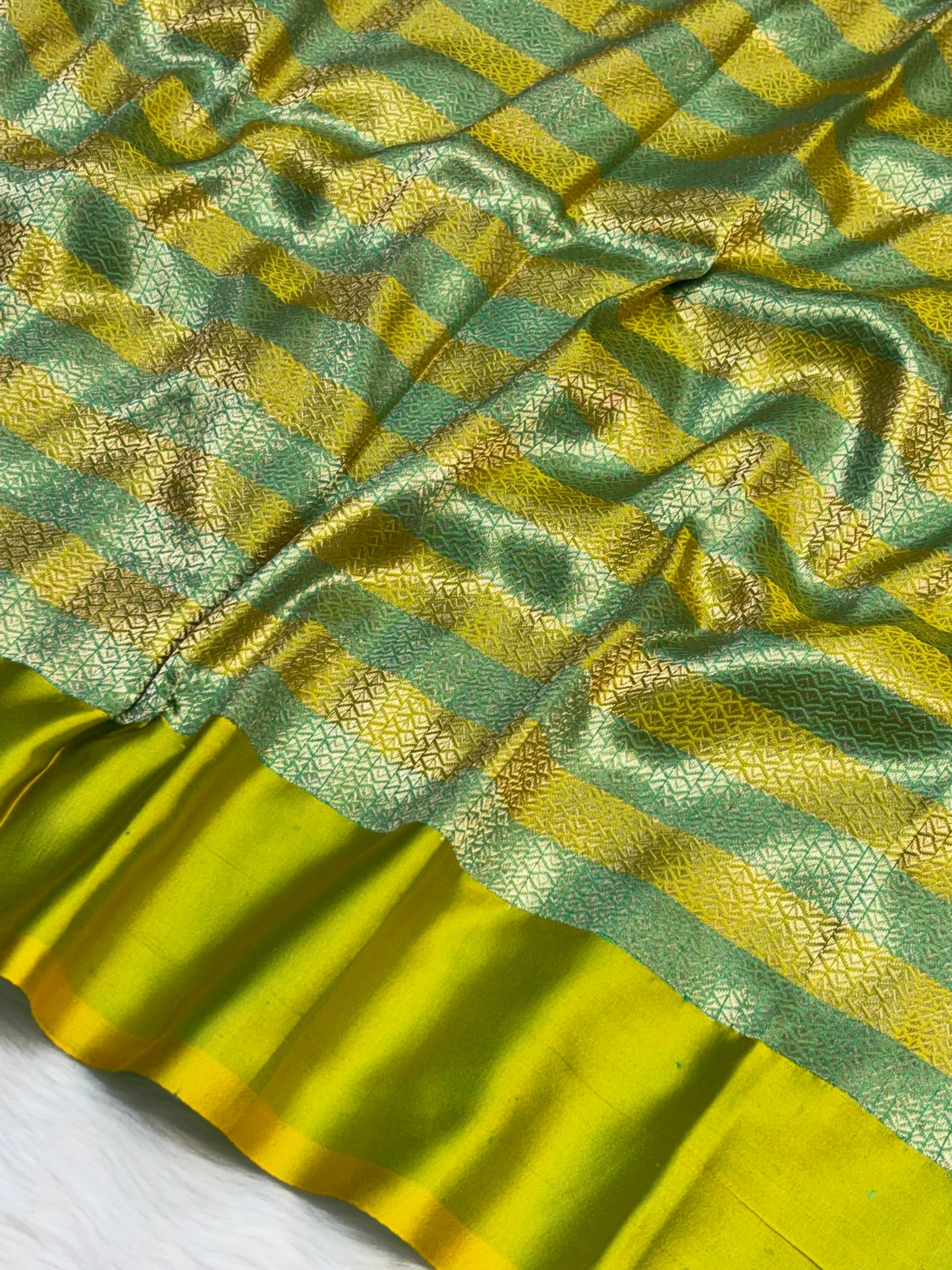 Pure Mashru Handwoven Silk Saree –  Sea Green With Yellow Stripe Elegance