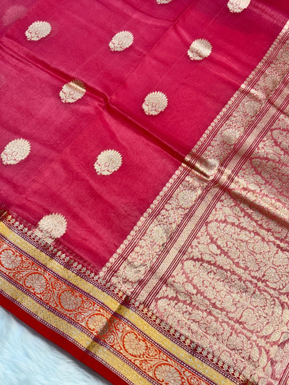 Pure Kora Organza Blush Pink Silk Saree with Zari Border