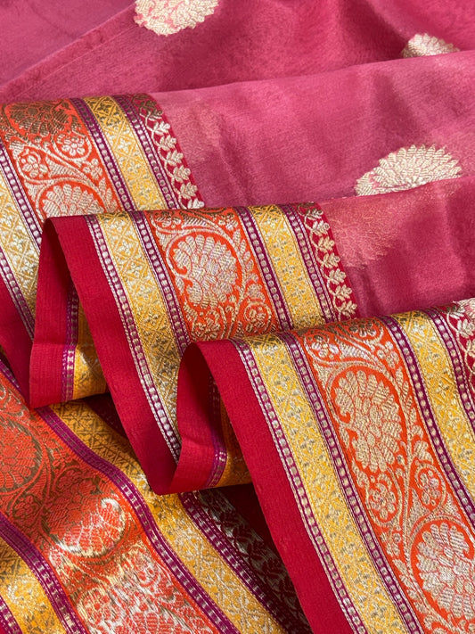 Pure Kora Organza Blush Pink Silk Saree with Zari Border