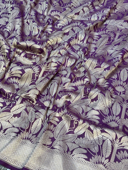 Banarasi Mulberry Purple Pure Silk Brocade Saree – Luxurious Katan Silk with Intricate Brocade Weave