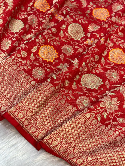 Banarasi Red Pure Silk Brocade Saree – Luxurious Katan Silk with Intricate Brocade Weave