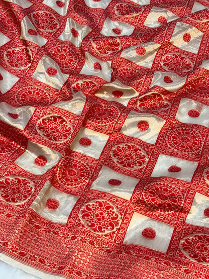 Red & Gold 100% Pure Tissue Silk Tanchoi Saree | Handwoven Banarasi Luxury Saree
