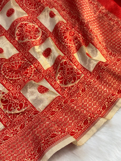 Red & Gold 100% Pure Tissue Silk Tanchoi Saree | Handwoven Banarasi Luxury Saree