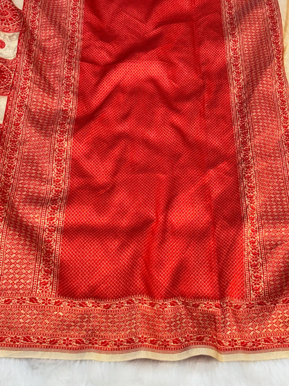 Red & Gold 100% Pure Tissue Silk Tanchoi Saree | Handwoven Banarasi Luxury Saree