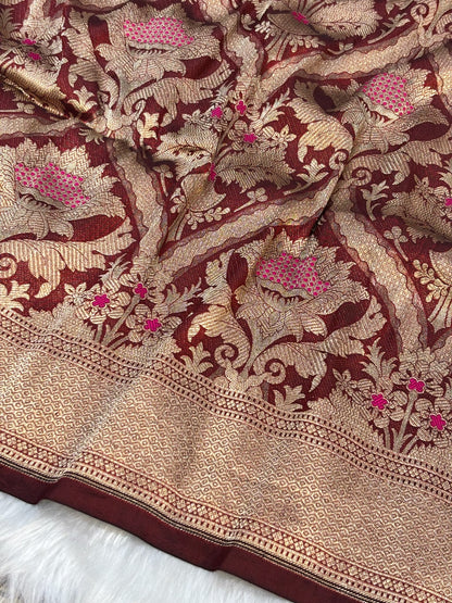Banarasi Brown Pure Silk Brocade Saree – Luxurious Katan Silk with Intricate Brocade Weave