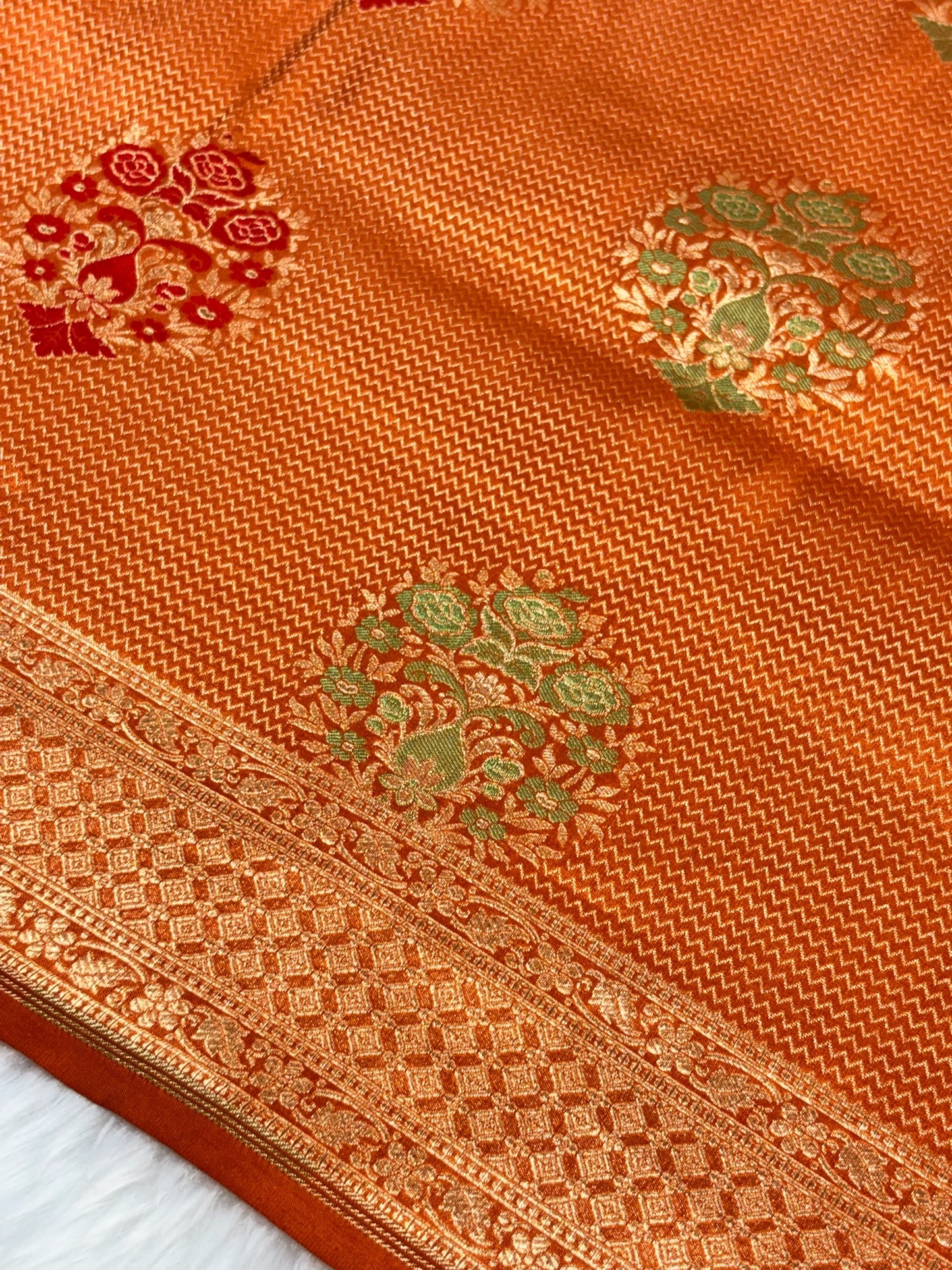 Banarasi Orange Pure Silk Brocade Saree – Luxurious Katan Silk with Intricate Brocade Weave