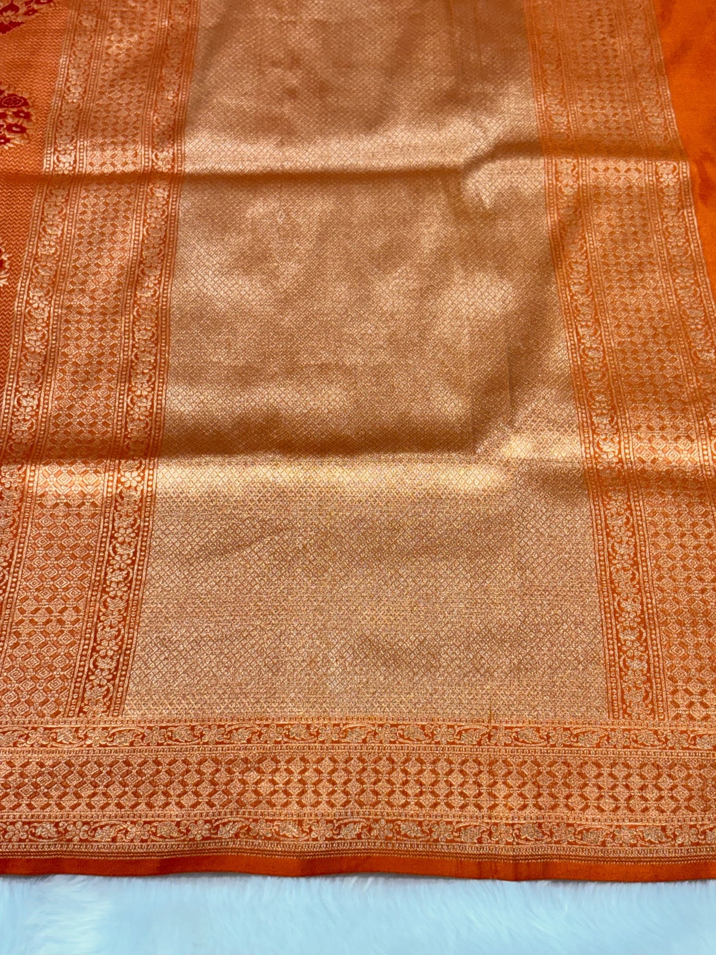 Banarasi Orange Pure Silk Brocade Saree – Luxurious Katan Silk with Intricate Brocade Weave